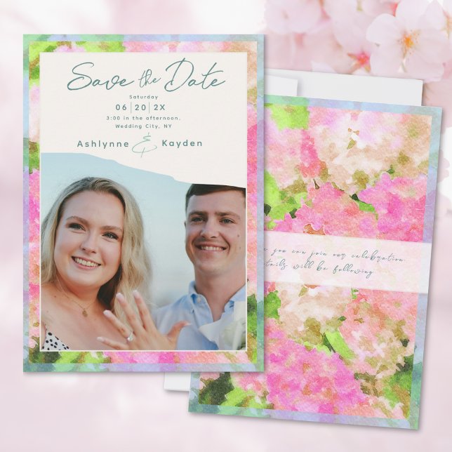 Save The Date Elegant Watercolor Pink Hydrangea Garden Wedding  (Créateur téléchargé)