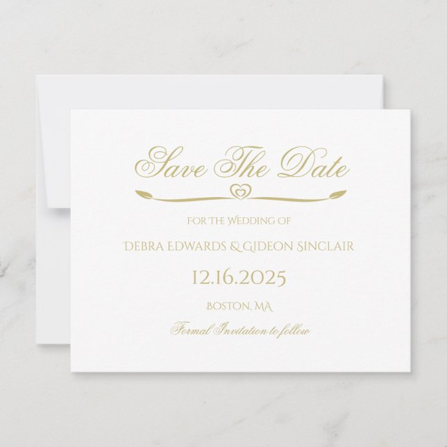 Save The Date Élégant White Gold Script Simple Heart Mariage (Devant)