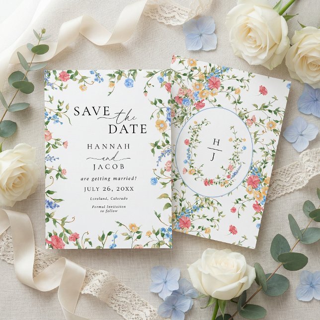 Save The Date Elegant Wildflower Monogram Wedding (Créateur téléchargé)