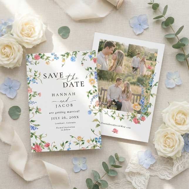 Save The Date Elegant Wildflower Three Photo Wedding (Créateur téléchargé)