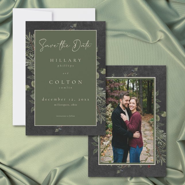Save The Date Elegant Winter Berries Pine Black Wedding Photo (Elegant Winter Berries Pine Black Wedding Photo Save The Date)