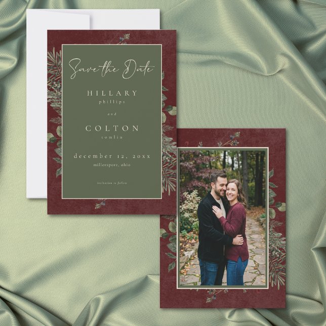 Save The Date Elegant Winter Berries Pine Burgundy Wedding Photo (Elegant Winter Berries Pine Burgundy Wedding Photo Save The Date)