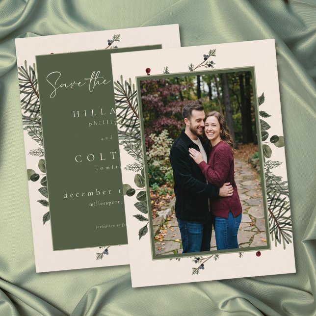 Save The Date Elegant Winter Berries Pine Ivory Wedding Photo (Elegant Winter Berries Pine Ivory Wedding Photo Save The Date)