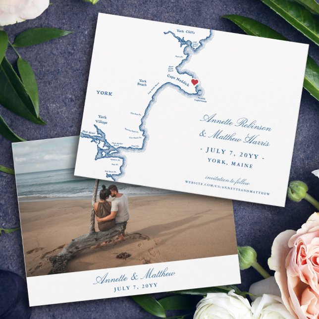 Save The Date Elégant York Maine Destination Mariage (These elegant York, Maine map save the dates are perfect for your coastal Maine destination wedding)
