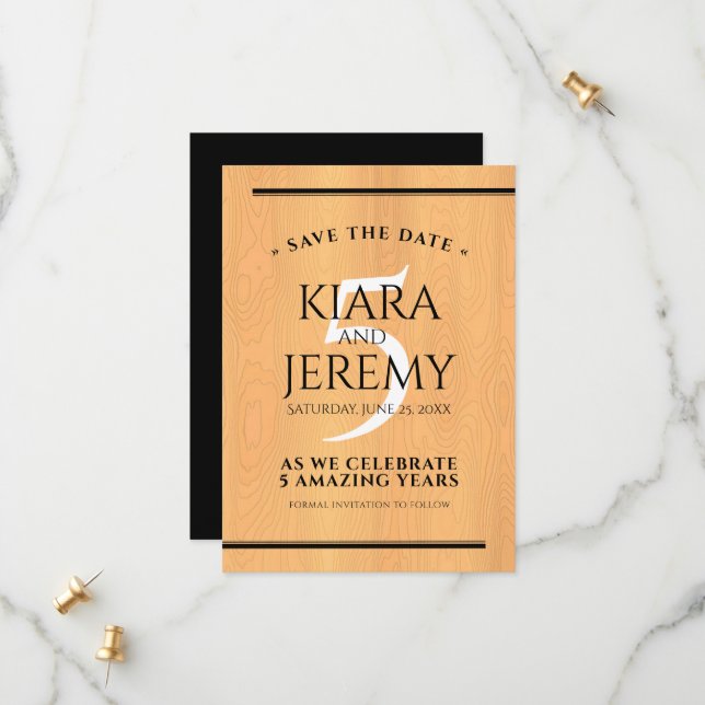 Save The Date Élégante 5ème anniversaire de Mariage de bois (Devant/Arrière en situation)