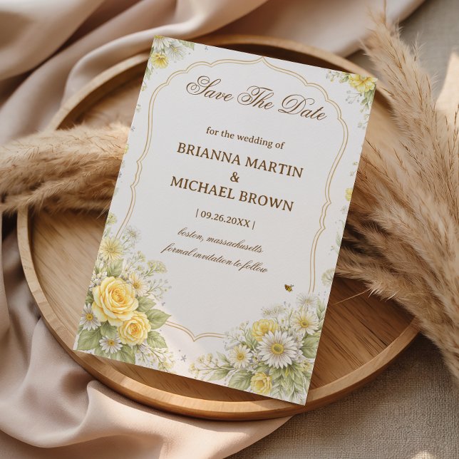 Save The Date Élégante Annonce de Mariage Florale Jaune (Créateur téléchargé)