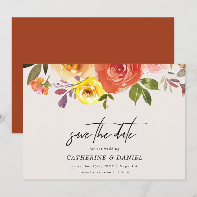 Save The Date Elégante aquarelle Automne Floral Script Mariage (Devant / Derrière)
