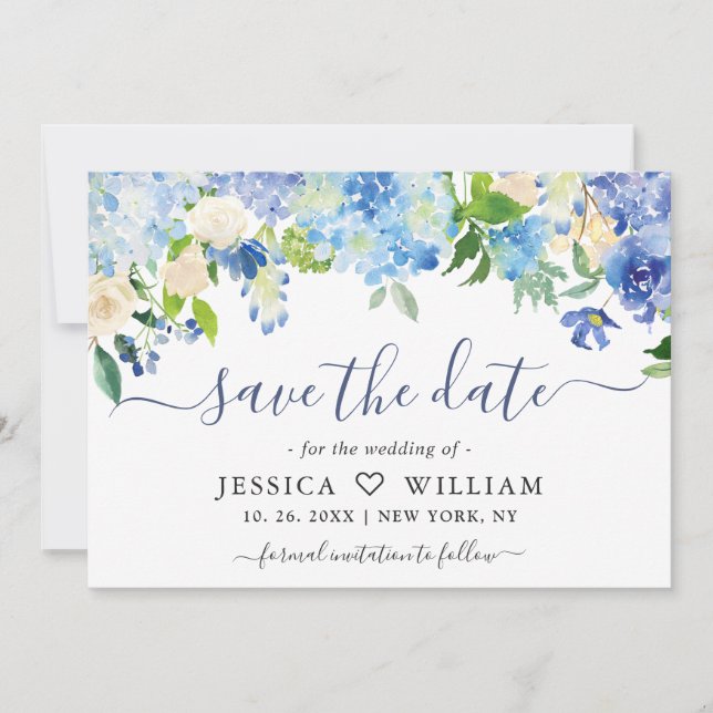 Save The Date Elégante aquarelle bleu Hydrangea Mariage floral (Devant)
