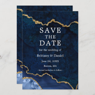 Save The Date Elégante aquarelle Bleu Marbre Or Géode Agate