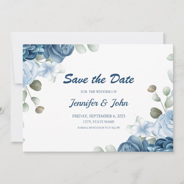 Save The Date Elégante aquarelle bleu Rose Mariage floral (Devant)