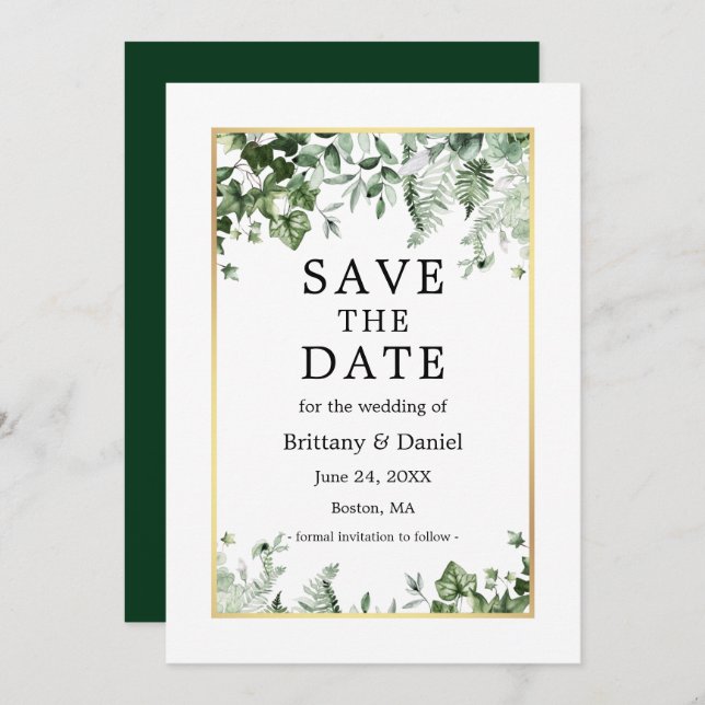 Save The Date Elégante aquarelle Botanique Ivy Greenery Or (Devant / Derrière)