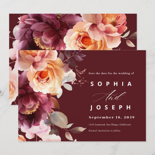 Save The Date Elégante aquarelle Bouquet Bourgogne Mariage flora (Devant / Derrière)