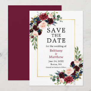 Save The Date Elégante aquarelle Bourgogne bleu or floral