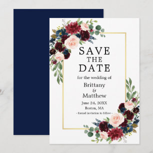 Save The Date Elégante aquarelle Bourgogne Floral Blue Gold Fram