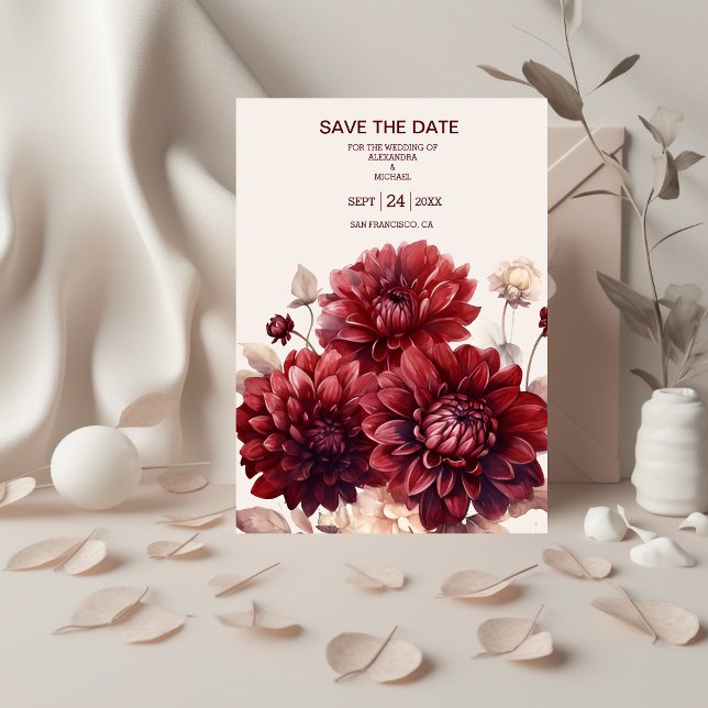 Save The Date Elégante aquarelle Burgundy Dahlia Mariage (Créateur téléchargé)