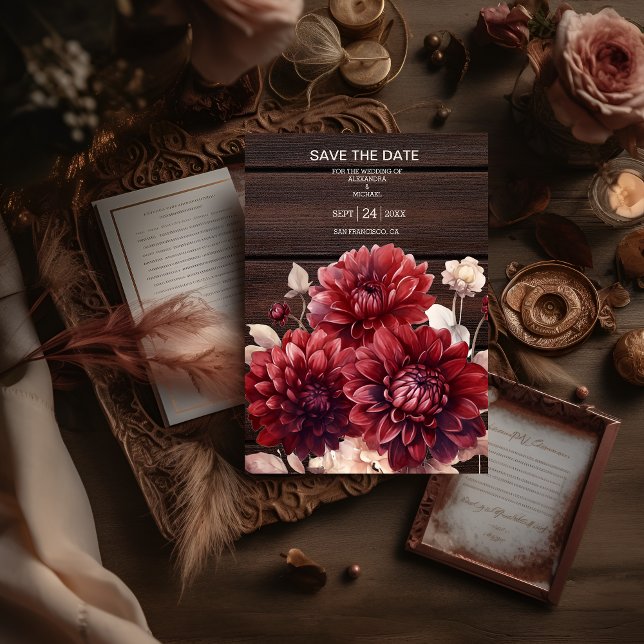 Save The Date Elégante aquarelle Burgundy Dahlia Mariage (Créateur téléchargé)