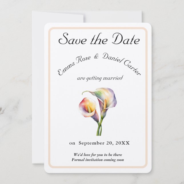 Save The Date Elégante aquarelle Calla Lilies Romantique Floral (Devant)