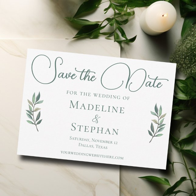 Save The Date Elégante aquarelle Eucalyptus Feuille verte modern (Créateur téléchargé)