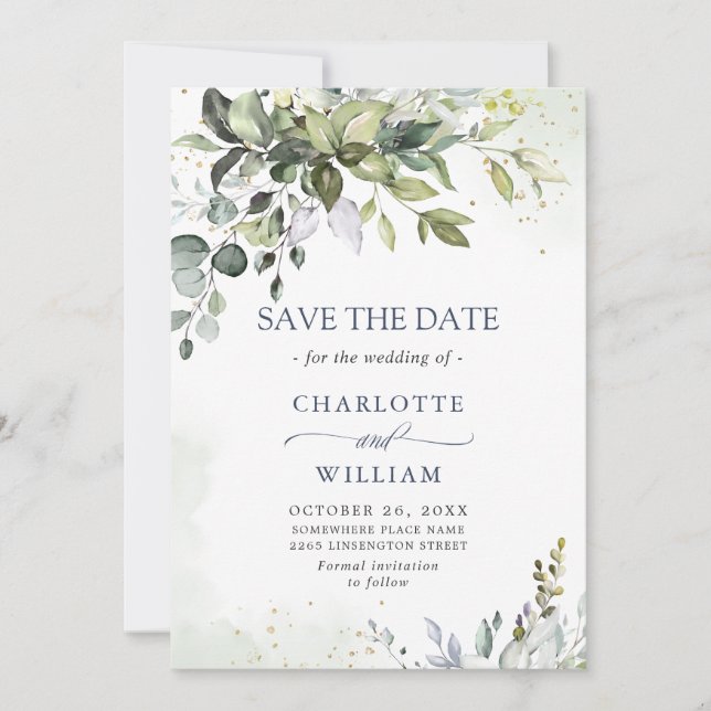 Save The Date Elégante aquarelle Eucalyptus Mariage vert (Devant)