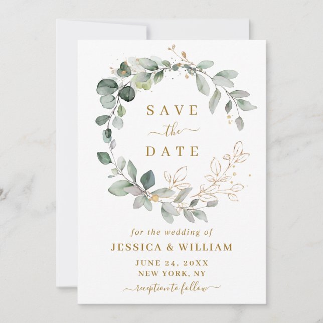 Save The Date Elégante aquarelle Eucalyptus Mariage vert (Devant)
