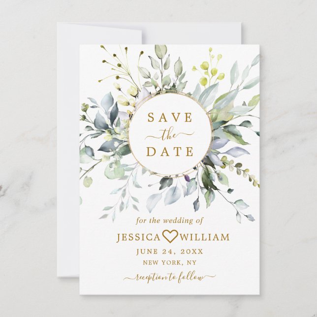 Save The Date Elégante aquarelle Eucalyptus Mariage vert (Devant)
