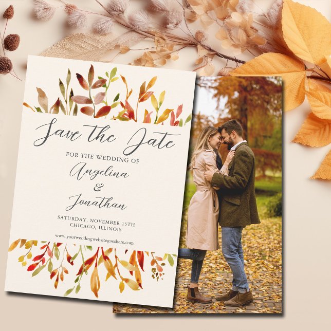 Save The Date Elégante aquarelle Feuilles d'automne Couple Photo (Créateur téléchargé)