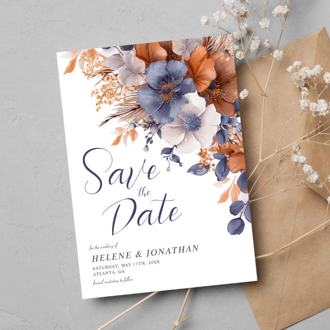 Save The Date Elégante aquarelle Floral Dusty Blue Rust Mariage (Elegant Watercolor Floral Dusty Blue Rust Wedding Save The Date)