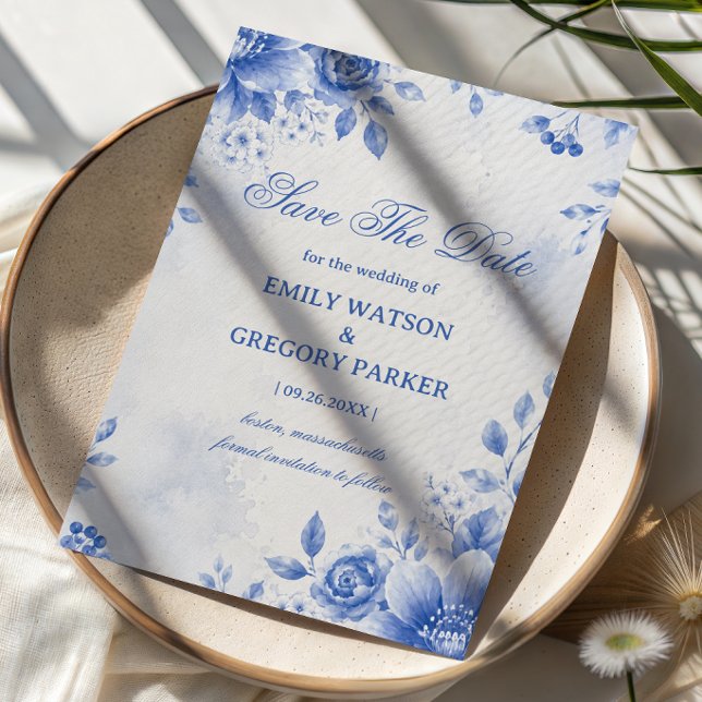 Save The Date Élégante Aquarelle Florale Bleue (Créateur téléchargé)