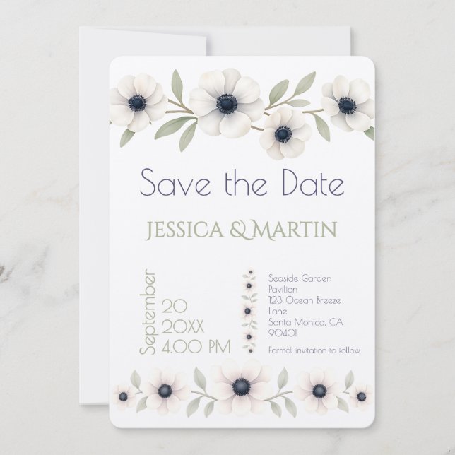 Save The Date Elégante aquarelle ivoire marine bleu Mariage d'an (Devant)