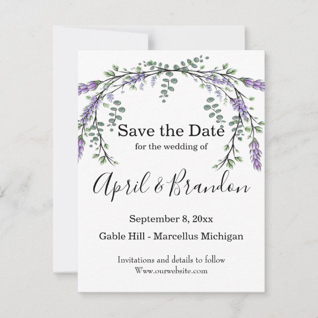 Save The Date Elégante aquarelle Lavender Eucalyptus (Devant)