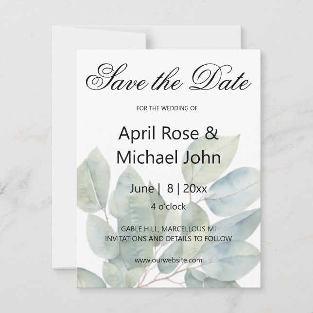 Save The Date Elégante aquarelle mariage de verdure eucalyptus (Devant)