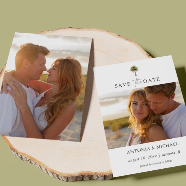 Save The Date Elégante aquarelle palmier tropical deux photos (2 PHOTOS SAVE THE DATE WITH TROPICAL PALM TREES FOR EXOTIC DESTINATION WEDDING)