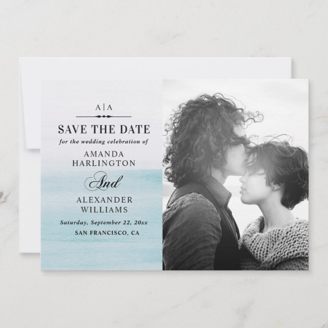 Save The Date Elégante aquarelle pastel bleu nautique mariage (Devant)