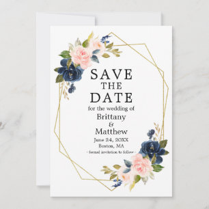 Save The Date Elégante aquarelle rose bleu Rose Geo Frame