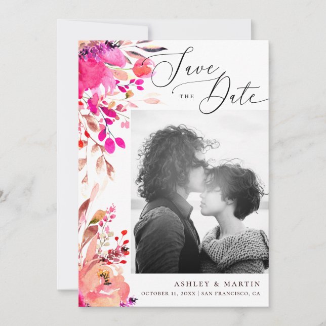 Save The Date Elégante aquarelle rose fleurs automne automne mar (Devant)