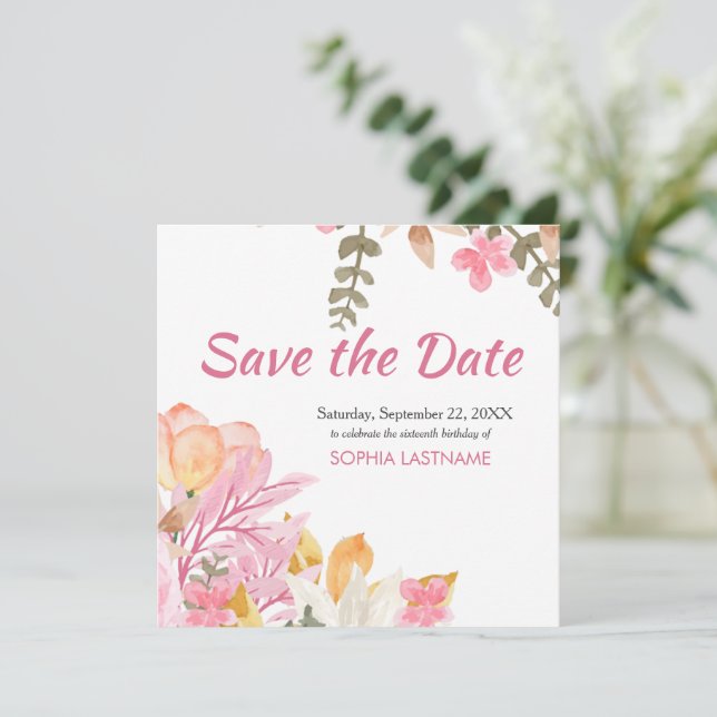 Save The Date Elégante aquarelle rose floral (Debout devant)
