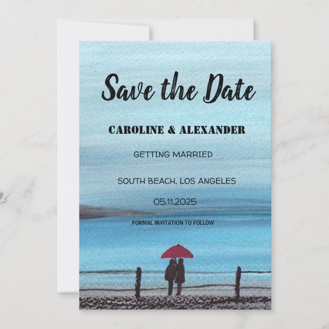 Save The Date Elégante Aquarelle Rouge Parapluie Couple Mariage (Devant)