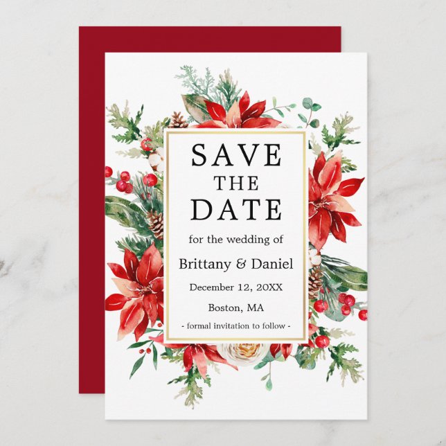 Save The Date Elégante aquarelle Rouge Poinsettia Flore Verdure (Devant / Derrière)