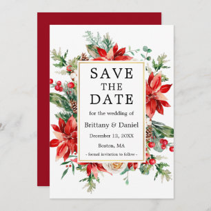 Save The Date Elégante aquarelle Rouge Poinsettia Flore Verdure