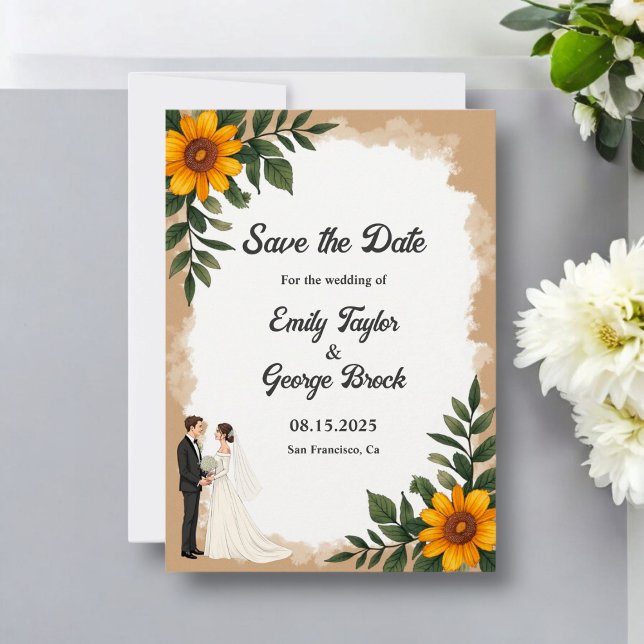 Save The Date Elégante aquarelle tournesol été Mariage floral (Créateur téléchargé)