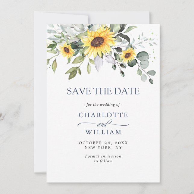Save The Date Elégante aquarelle tournesol Eucalyptus Mariage (Devant)