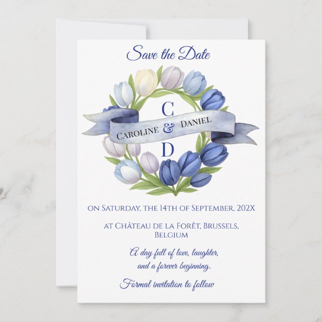 Save The Date Elégante aquarelle Tulipe Mariage de couronne bleu (Devant)