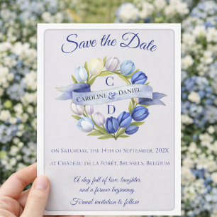 Save The Date Elégante aquarelle Tulipe Mariage de couronne bleu