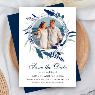 Save The Date Elégante Blue Floral Wreath Photo Enregistrer la d