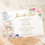 Save The Date Elégante Blush Floral High Tea Party Fête des mari<br><div class="desc">Personnalisez cette douche nuptiale chic tea party sauvegardez la date avec votre propre libellé facilement et rapidement, appuyez simplement sur le bouton customiser pour réorganiser et formater le style et le placement du texte. Cette carte élégante présente une jolie théière, des tasses à thé, des desserts succulents, de belles roses...</div>