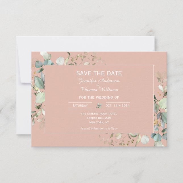 Save The Date Elégante Botanique Eucalyptus Tea couleur Rose (Devant)
