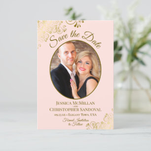 Save The Date Elégante Boucles d'or Oval Photo Blush Mariage ros