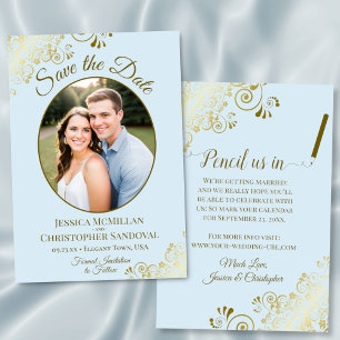 Save The Date Elégante Boucles d'or Oval Photo Powder Blue Wedde