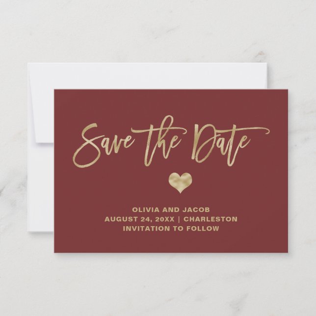 Save The Date Elégante Bourgogne et or avec coeur (Devant)