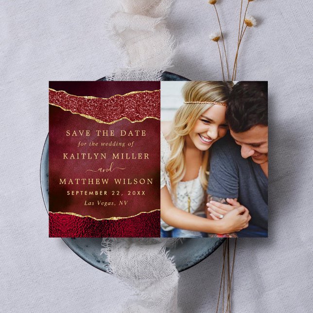 Save The Date Elégante Bourgogne & Or Agate Mariage Photo (Créateur téléchargé)